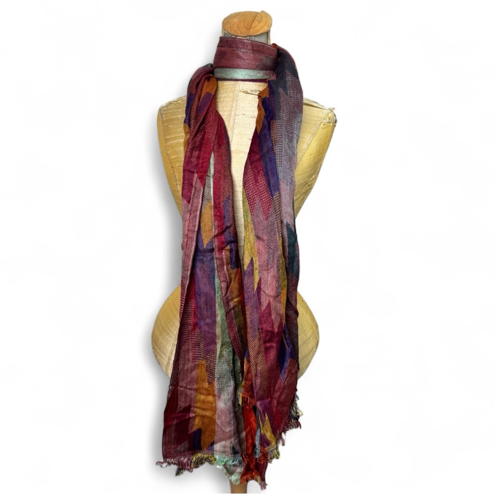 Y2K‎ Colorful Southwestern Fringe Scarf Shawl Moody Jewel Tones Rayon